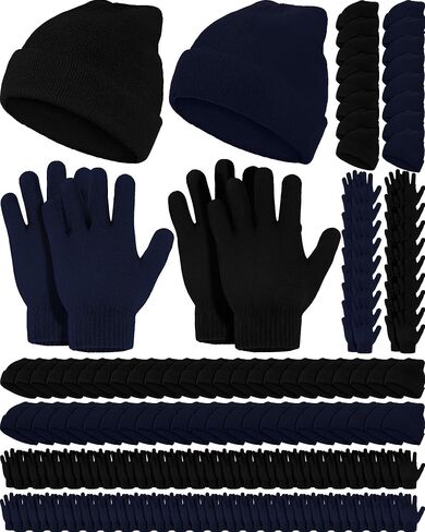 Jecery 72 Pcs Bulk Winter Beanies Hat Glove Sets Knitted Cap Beanie Bulk Winter Gloves Bulk Warmer Cold Weather Running Warm Skiing for Homeless Unisex Women and Men, Black and Navy Blue in Saudi Arabia