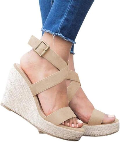 صنادل نسائية من Coutgo بكعب عريض وحزام متقاطع من Espadrille بإبزيم للكاحل أحذية صيفية كاجوال in Kuwait