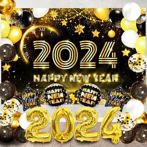 Happy New Year Decorations 2024, Happy New Year Eve Party Decorations Includes Black Gold New Years Balloons, New Years Banner, New Year 2024 Foil Balloons, Happy New Years Decorations 2024 in Kuwait