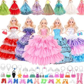 48 Pcs Doll Clothes Outfit for Barbie Doll, 11.5 Inch Doll Accessories Collection with 6 Princess Dresses+20 Shoes+10 Bags+6 Necklaces+6 Crowns (Random Style) for Barbie Loving Girls Birthday Gifts in Kuwait