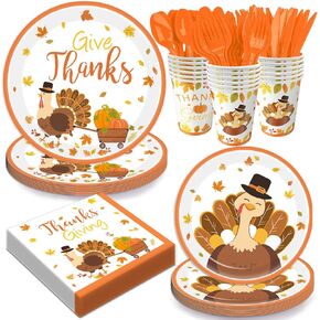 مجموعة لوازم حفلات عيد الشكر التركية المكونة من 168 قطعة من الأطباق الورقية لحفلات عيد الأصدقاء تتضمن أطباق ومناديل وأكواب وأدوات مائدة وخدمة 24 ضيفًا in Kuwait