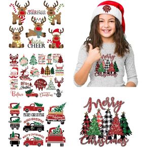 Christmas Iron on Transfer Iron on Vinyl Stickers Santa Claus Elk Dwarfs Christmas Pattern Christmas DIY Heat Transfer Decals Decor Patch for Hat T-Shirt Pillow Hoodie 4 Sheets