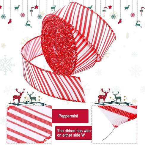 44 Yards Christmas Peppermint Strip Ribbon Wired Candy Cane Ribbon Red and White Stripe Ribbon DIY Craft Ribbon for Christmas Tree Decor Holiday DIY Garland Present Wrapping Wreaths Bows, 2 Widths in Saudi Arabia