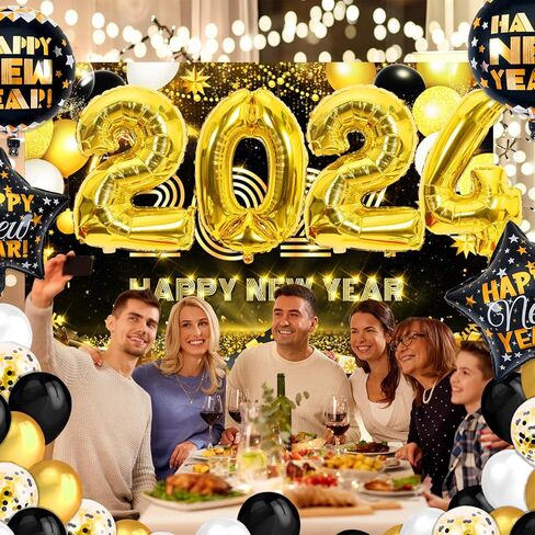 Happy New Year Decorations 2024, Happy New Year Eve Party Decorations Includes Black Gold New Years Balloons, New Years Banner, New Year 2024 Foil Balloons, Happy New Years Decorations 2024 in Kuwait