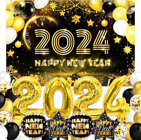Happy New Year Decorations 2024, Happy New Year Eve Party Decorations Includes Black Gold New Years Balloons, New Years Banner, New Year 2024 Foil Balloons, Happy New Years Decorations 2024 in Kuwait