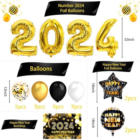 Happy New Year Decorations 2024, Happy New Year Eve Party Decorations Includes Black Gold New Years Balloons, New Years Banner, New Year 2024 Foil Balloons, Happy New Years Decorations 2024 in Kuwait
