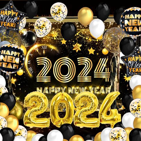 Happy New Year Decorations 2024, Happy New Year Eve Party Decorations Includes Black Gold New Years Balloons, New Years Banner, New Year 2024 Foil Balloons, Happy New Years Decorations 2024 in Kuwait
