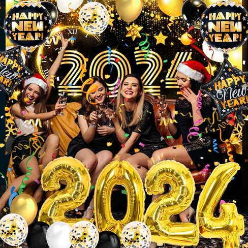 Happy New Year Decorations 2024, Happy New Year Eve Party Decorations Includes Black Gold New Years Balloons, New Years Banner, New Year 2024 Foil Balloons, Happy New Years Decorations 2024 in Kuwait