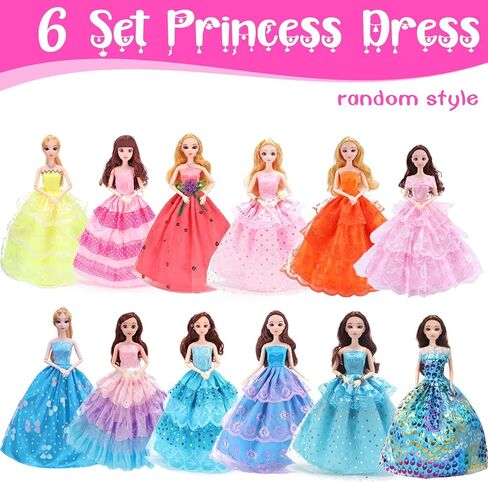 48 Pcs Doll Clothes Outfit for Barbie Doll, 11.5 Inch Doll Accessories Collection with 6 Princess Dresses+20 Shoes+10 Bags+6 Necklaces+6 Crowns (Random Style) for Barbie Loving Girls Birthday Gifts in Kuwait