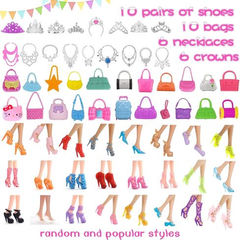 48 Pcs Doll Clothes Outfit for Barbie Doll, 11.5 Inch Doll Accessories Collection with 6 Princess Dresses+20 Shoes+10 Bags+6 Necklaces+6 Crowns (Random Style) for Barbie Loving Girls Birthday Gifts in Kuwait