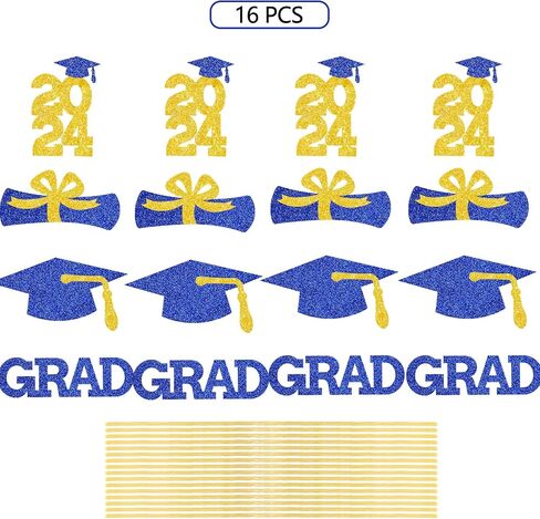 Blue Gold Centerpiece Graduation Decoration Glitter Grad Table Topper Party Sticks Congrats Supplies 16 Pieces in Saudi Arabia