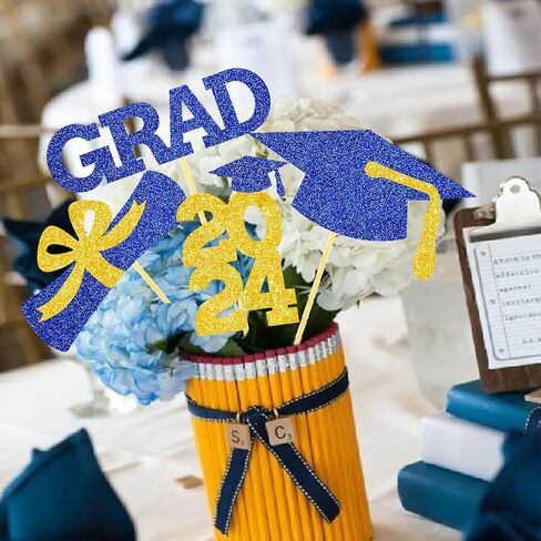 Blue Gold Centerpiece Graduation Decoration Glitter Grad Table Topper Party Sticks Congrats Supplies 16 Pieces in Saudi Arabia