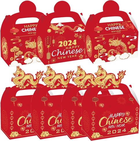 ايسوين 12 قطعة من صناديق هدايا السنة الصينية الجديدة 2024، صناديق هدايا ورقية للاحتفال بطابع عام التنين، علب حلوى لخبز الحلوى والخبز والبسكويت والكيك، صندوق تغليف هدايا تذكارية زودياك in Kuwait