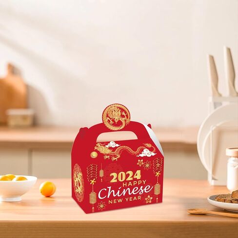 ايسوين 12 قطعة من صناديق هدايا السنة الصينية الجديدة 2024، صناديق هدايا ورقية للاحتفال بطابع عام التنين، علب حلوى لخبز الحلوى والخبز والبسكويت والكيك، صندوق تغليف هدايا تذكارية زودياك in Kuwait