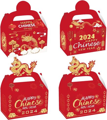 ايسوين 12 قطعة من صناديق هدايا السنة الصينية الجديدة 2024، صناديق هدايا ورقية للاحتفال بطابع عام التنين، علب حلوى لخبز الحلوى والخبز والبسكويت والكيك، صندوق تغليف هدايا تذكارية زودياك in Kuwait