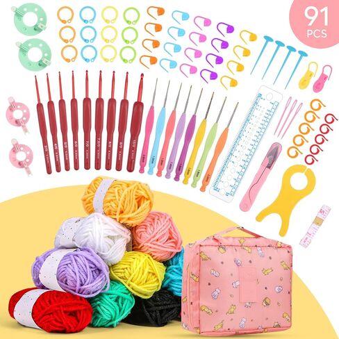 مجموعة ليفوش كروشيه للمبتدئين، 91 قطعة من مجموعة الكروشيه للمبتدئين تتضمن الغزل وخطاطيف الكروشيه وأدوات أخرى، مجموعة كروشيه للمبتدئين للبالغين والأطفال، هدايا يدوية يدوية لتقديم هدايا عيد الميلاد in Kuwait