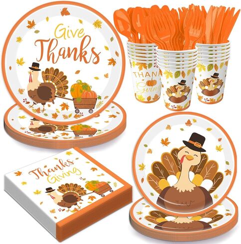 مجموعة لوازم حفلات عيد الشكر التركية المكونة من 168 قطعة من الأطباق الورقية لحفلات عيد الأصدقاء تتضمن أطباق ومناديل وأكواب وأدوات مائدة وخدمة 24 ضيفًا in Kuwait