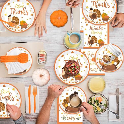 مجموعة لوازم حفلات عيد الشكر التركية المكونة من 168 قطعة من الأطباق الورقية لحفلات عيد الأصدقاء تتضمن أطباق ومناديل وأكواب وأدوات مائدة وخدمة 24 ضيفًا in Kuwait