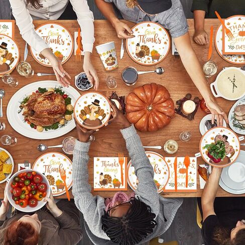 مجموعة لوازم حفلات عيد الشكر التركية المكونة من 168 قطعة من الأطباق الورقية لحفلات عيد الأصدقاء تتضمن أطباق ومناديل وأكواب وأدوات مائدة وخدمة 24 ضيفًا in Kuwait