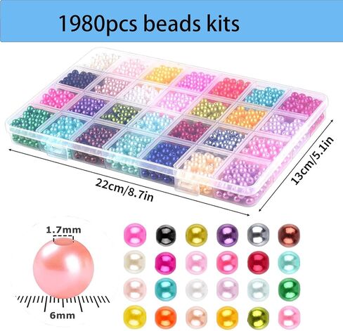 1980pcs Colourful Beads for Threading, 28 Colours Beads for Crafting Necklaces, 6mm Pearls with Hole for Jewelry Making, Beading Beads for Bracelets Jewellery Making in Kuwait