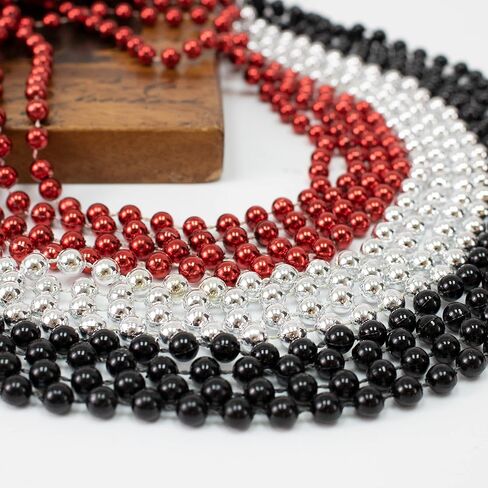 GIFTEXPRESS 12 pack of 33" Mardi Gras Beads Necklace, Metallic Red Black Silver Beaded Necklace, Mardi Gras Throws, Party Beads Costume Necklaces, Plastic, No Gemstone in Saudi Arabia