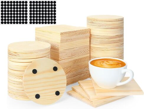 Wenqik 144 Pieces Unfinished Wood Coasters 4 Square and Round Blank Wooden Craft Coasters with 580 Pcs Non Slip Silicon Dots for DIY Drinks Stained Painting Wood Engraving Home Decoration in Saudi Arabia