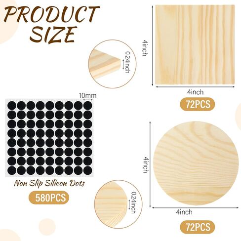 Wenqik 144 Pieces Unfinished Wood Coasters 4 Square and Round Blank Wooden Craft Coasters with 580 Pcs Non Slip Silicon Dots for DIY Drinks Stained Painting Wood Engraving Home Decoration in Saudi Arabia