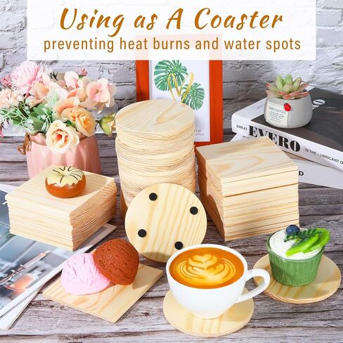 Wenqik 144 Pieces Unfinished Wood Coasters 4 Square and Round Blank Wooden Craft Coasters with 580 Pcs Non Slip Silicon Dots for DIY Drinks Stained Painting Wood Engraving Home Decoration in Saudi Arabia