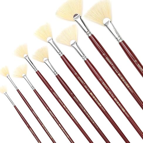 Dainayw White Bristles Fan Paint Brushes, Profession Artist Oil Acrylic Painting Brush Set, Long Handle 9 Pcs in Kuwait