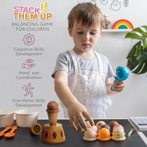 Smart Novelty Ice Cream Toy Stacking Tower - Balancing and Stackable Scoop Ice Cream Play Set for Toddlers, Frozen Dessert Food Games for Kids Aged 3+ in Kuwait