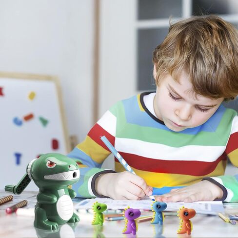 homicozy Dinosaur Pencil Sharpener for Kids, Manual Pencil Sharpener for Colored Pencils, Cute Pencil Sharpener with Erasers and Stickers for School Supplies, Classroom, Stationery for Kids Gift in Kuwait