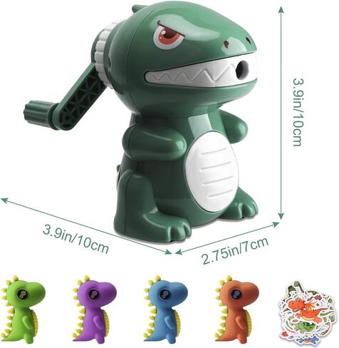 homicozy Dinosaur Pencil Sharpener for Kids, Manual Pencil Sharpener for Colored Pencils, Cute Pencil Sharpener with Erasers and Stickers for School Supplies, Classroom, Stationery for Kids Gift in Kuwait