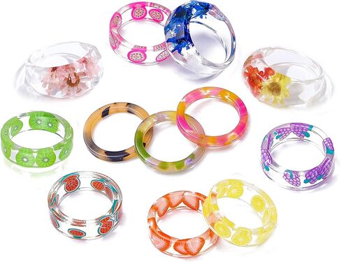 MOROYA 20 قطعة من خواتم الراتنج الملونة للنساء زهرة الليمون والفراولة الراتنج خواتم الفاكهة الاكريليك حلقات مكتنزة من البلاستيك الشفاف مجموعة خواتم الاصبع مقاس 6-9 in Kuwait
