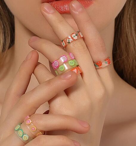 MOROYA 20 قطعة من خواتم الراتنج الملونة للنساء زهرة الليمون والفراولة الراتنج خواتم الفاكهة الاكريليك حلقات مكتنزة من البلاستيك الشفاف مجموعة خواتم الاصبع مقاس 6-9 in Kuwait