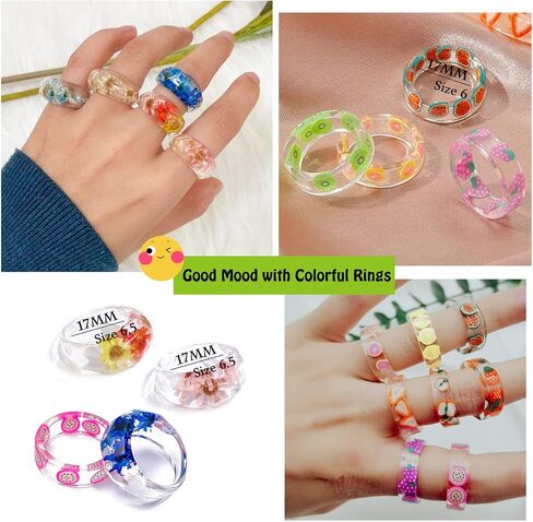MOROYA 20 قطعة من خواتم الراتنج الملونة للنساء زهرة الليمون والفراولة الراتنج خواتم الفاكهة الاكريليك حلقات مكتنزة من البلاستيك الشفاف مجموعة خواتم الاصبع مقاس 6-9 in Kuwait