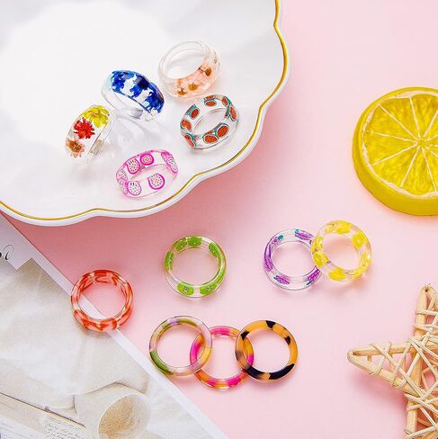 MOROYA 20 قطعة من خواتم الراتنج الملونة للنساء زهرة الليمون والفراولة الراتنج خواتم الفاكهة الاكريليك حلقات مكتنزة من البلاستيك الشفاف مجموعة خواتم الاصبع مقاس 6-9 in Kuwait