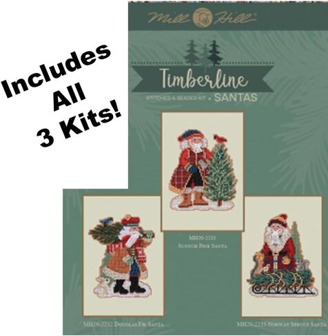 Mill Hill Timberline Santa Bundle! Set of 3 Beaded Cross Stitch Kits Including Scotch Pine, Douglas Fir and Norway Spruce Santas, Plus Decorative 'Needleworker' Sticker in Kuwait