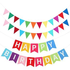 Irenare 4 Pieces Happy Birthday Banner Colorful Birthday Party Decor Rainbow Felt Garland Banner Rainbow Party Decorations Supplies(Rainbow Color)
