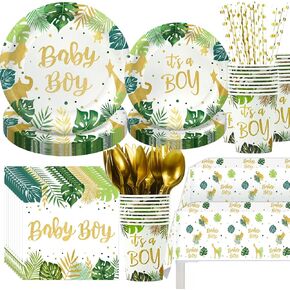 هيبيو لوازم حفلات استقبال المولود الجديد - ديكورات حفلات استقبال المولود تتضمن اطباق واكواب ومناديل وادوات مائدة ومفرش طاولة وماصات لمستلزمات الحفلات بطابع حيوانات السفاري للاولاد والغابة | تكفي 24 in Kuwait