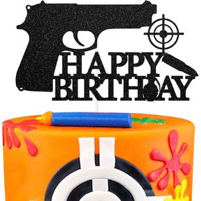 Gun Happy Birthday Cake Topper,Pistol Birthday Cake Decorations,Men Boy Women Bday Party Supplies,Target Sign,Black Glitter