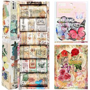 شريط واشي عتيق من QVMKWL 18 لفة مع 40 قطعة من ملصقات الفراشة و30 قطعة من ملصقات الزهور، وأشرطة زخرفية قابلة للكتابة لسجلات القصاصات، ومستلزمات المجلات غير المرغوب فيها (عتيقة) in Kuwait