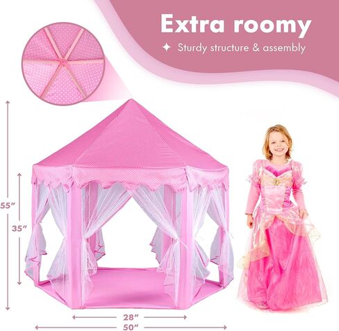 خيمة توينكل ستار مقاس 55 بوصة × 53 بوصة لقلعة لعب الأميرة مع سجادة فائقة النعومة لبيت لعب البنات، تتضمن أضواء سلسلة نجوم ورايات ديكور، خيمة الأميرة، بيت ألعاب للأطفال للعب في الأماكن المغلقة والمفتوحة، وردي in Kuwait