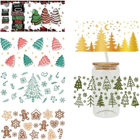 auwiyd 6 أوراق عيد الميلاد الأشعة فوق البنفسجية DTF نقل ملصق عيد الميلاد ذاتية اللصق فنجان القهوة الأشعة فوق البنفسجية DTF ملصق DIY نقل ملصق القدح الديكور صائق ل 16oz القدح عيد الميلاد كوب زجاجي الديكور in Kuwait