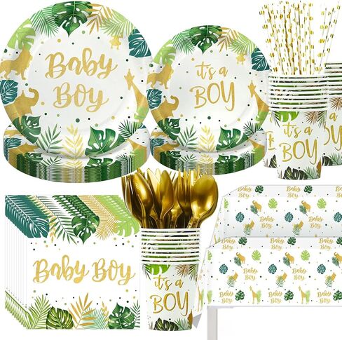 HIPEEWO Baby Shower Tableware Set - Baby Shower Decorations For Boy Include Plates, Cups, Napkins, Cutlery, Tablecloth, Straws, for Safari Animal Jungle Theme Baby Shower Party Supplies | Serves 24 in Kuwait