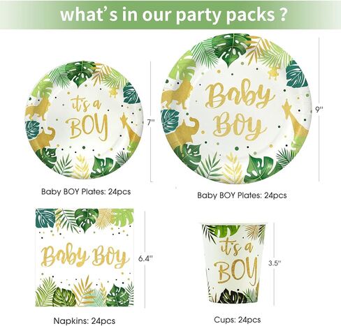 HIPEEWO Baby Shower Tableware Set - Baby Shower Decorations For Boy Include Plates, Cups, Napkins, Cutlery, Tablecloth, Straws, for Safari Animal Jungle Theme Baby Shower Party Supplies | Serves 24 in Kuwait