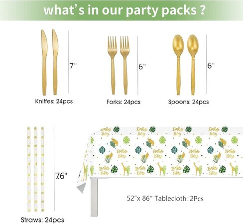 HIPEEWO Baby Shower Tableware Set - Baby Shower Decorations For Boy Include Plates, Cups, Napkins, Cutlery, Tablecloth, Straws, for Safari Animal Jungle Theme Baby Shower Party Supplies | Serves 24 in Kuwait