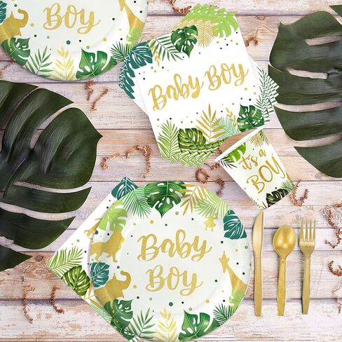 HIPEEWO Baby Shower Tableware Set - Baby Shower Decorations For Boy Include Plates, Cups, Napkins, Cutlery, Tablecloth, Straws, for Safari Animal Jungle Theme Baby Shower Party Supplies | Serves 24 in Kuwait