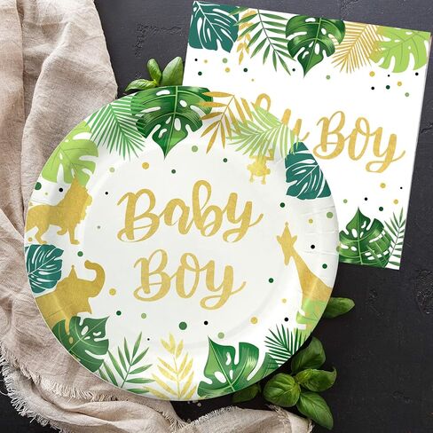 HIPEEWO Baby Shower Tableware Set - Baby Shower Decorations For Boy Include Plates, Cups, Napkins, Cutlery, Tablecloth, Straws, for Safari Animal Jungle Theme Baby Shower Party Supplies | Serves 24 in Kuwait