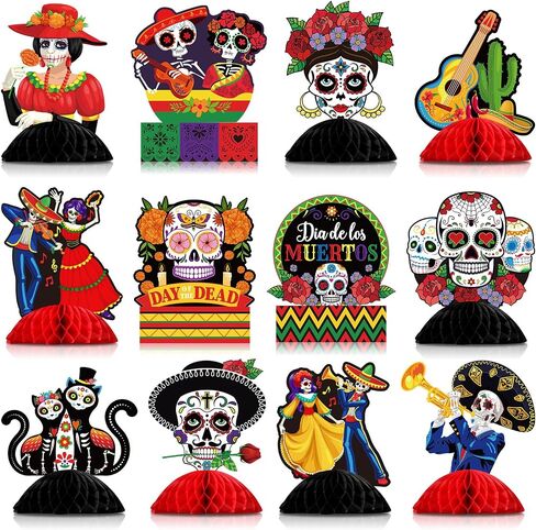 Pajean 12 Pieces Day of The Dead Table Honeycomb Centerpieces Dia De Los Muertos Centerpieces Dead Halloween Sugar Skull Table Decorations for Mexican Day of The Dead Party Supplies in Saudi Arabia