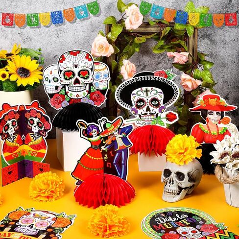 Pajean 12 Pieces Day of The Dead Table Honeycomb Centerpieces Dia De Los Muertos Centerpieces Dead Halloween Sugar Skull Table Decorations for Mexican Day of The Dead Party Supplies in Saudi Arabia